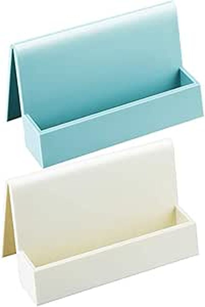 2pcs Lake Blue Plastic Business Card Holders Elegant Desktop Display Stand Office Use - Image 1