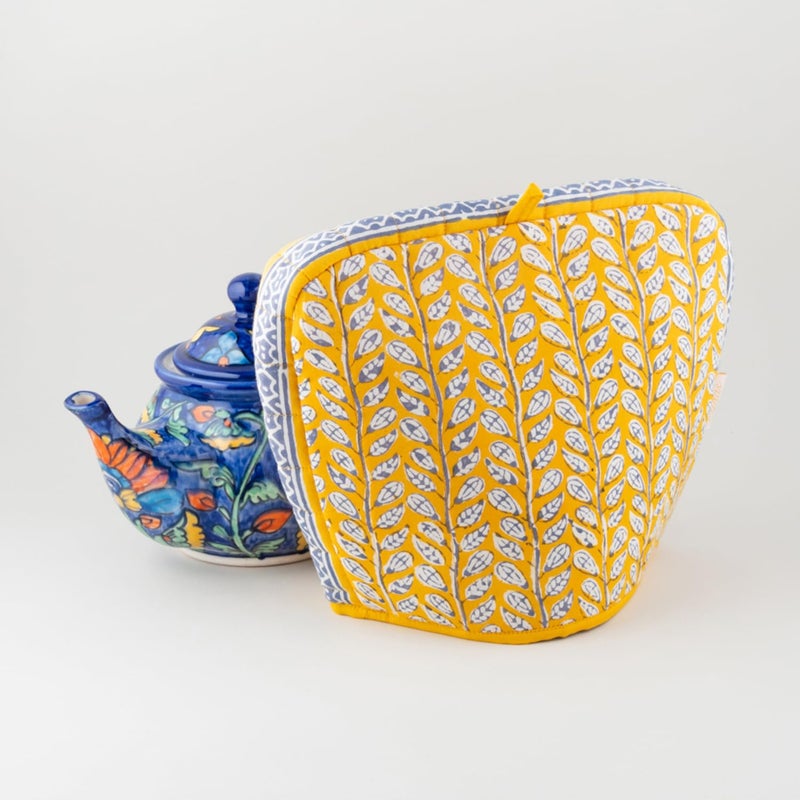 EYAAS LIVE LIFE Eyaas Hand Block Printed Cotton Quilted Tea Cozy Tea Pot Cover Kettle Warmer Kitchen Accessories Table Setting Gifts for Tea Lovers 9 x 115 inches Yellow  - Image 2