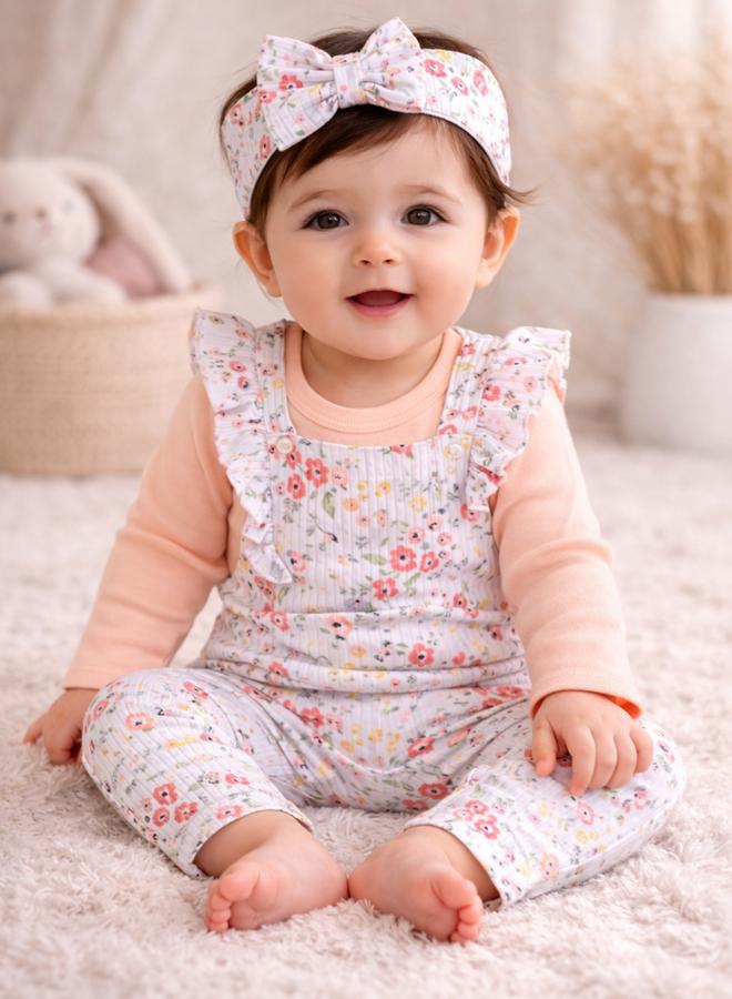 Luna & Lily 3-Piece Floral Dungaree, Bodysuit And Headband Set - Image 4