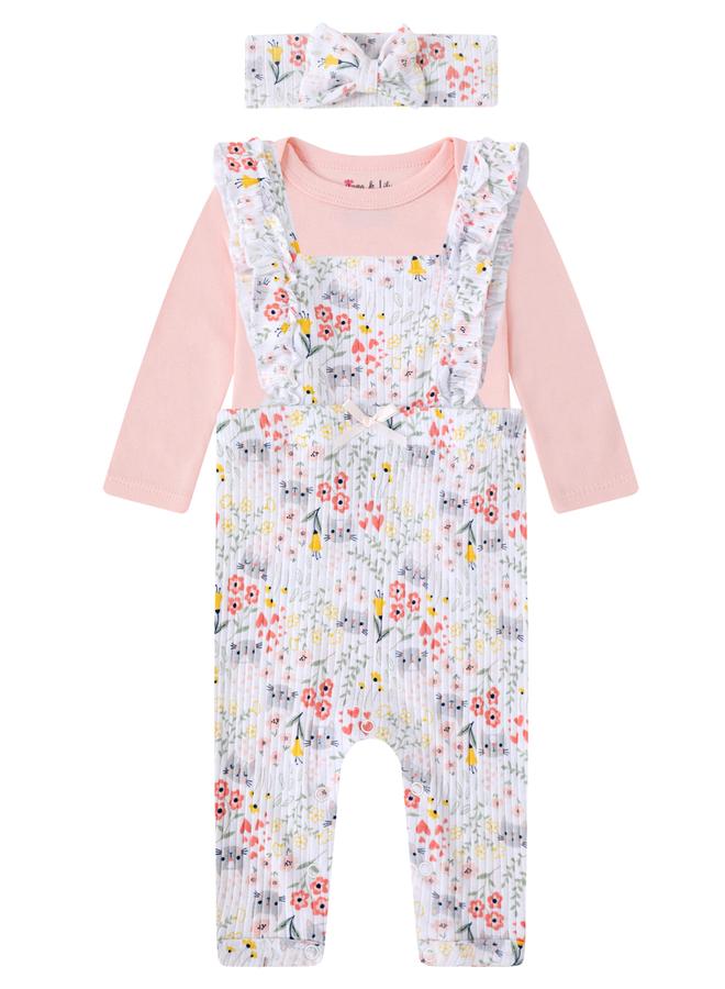 Luna & Lily 3-Piece Floral Dungaree, Bodysuit And Headband Set - Image 1