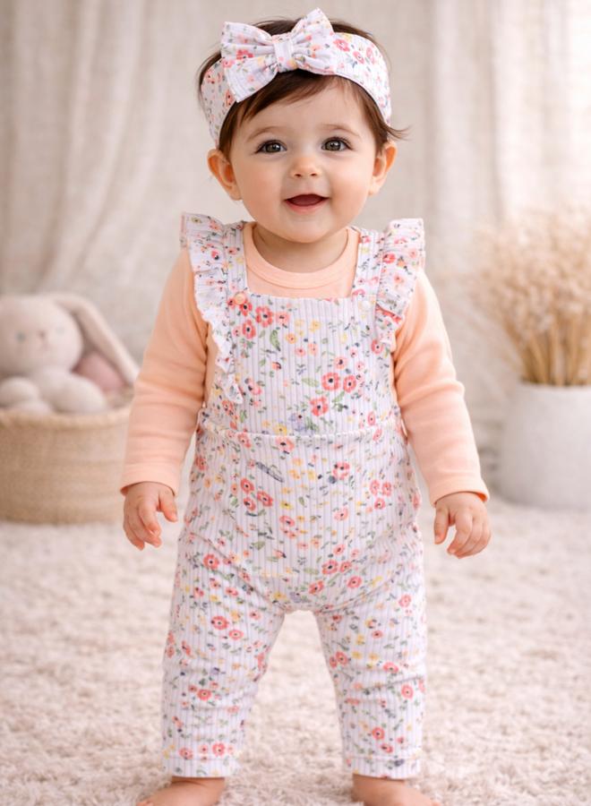 Luna & Lily 3-Piece Floral Dungaree, Bodysuit And Headband Set - Image 5