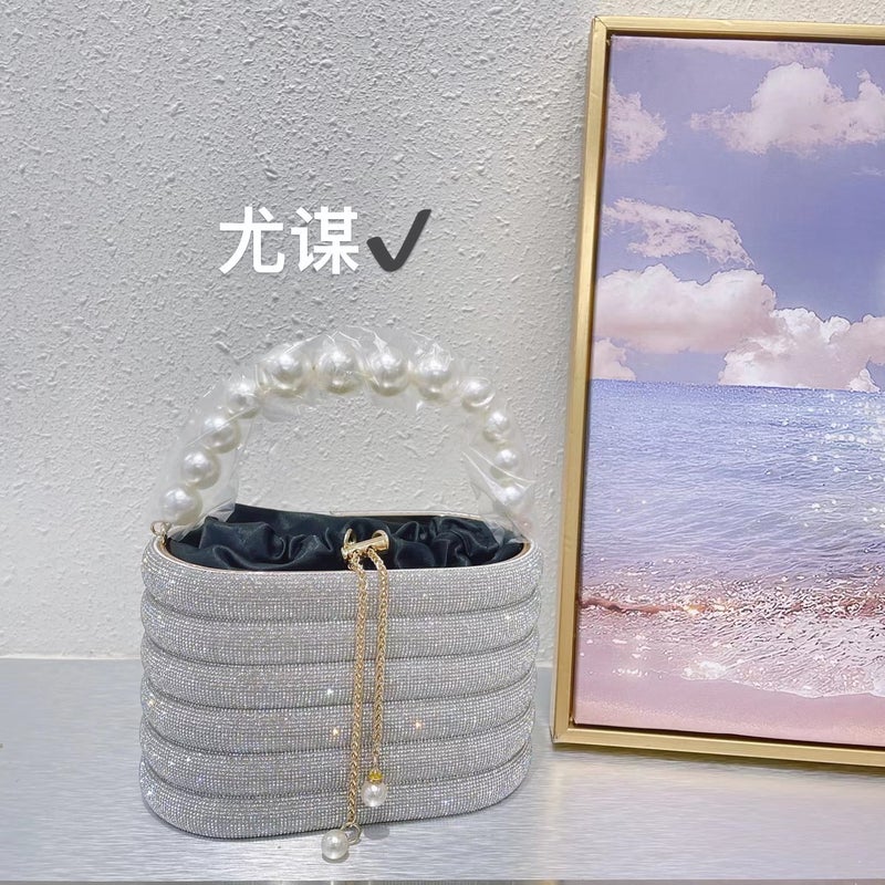 Black And White Color Matching Shiny Diamond Basket Bucket Bag Banquet Bird Cage Drawstring Rhinestone Hand Messenger Bag For Women - Image 1