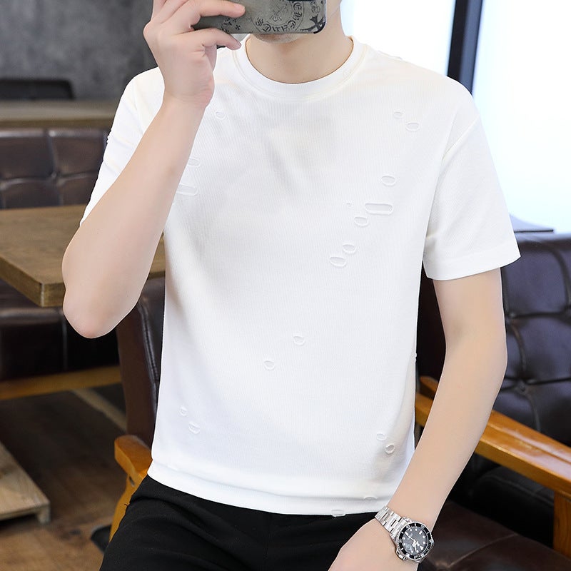 On Behalf Of The Hair Burst Hole New Craft Crew Neck Short Sleeve T-Shirt 2024 Men'S All-Match Short Sleeve T-Shirt Tide - Image 1