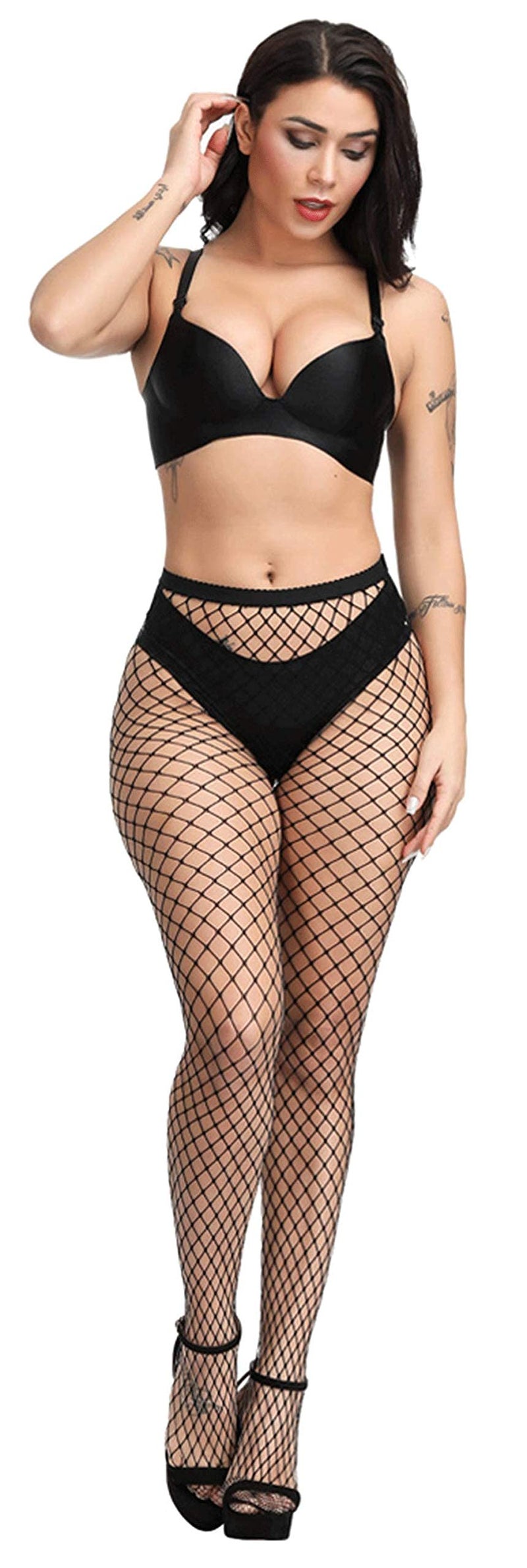 Pareberry Women's High Waisted Fishnet Tights Sexy Wide Mesh Fishnet Stockings (Black(Middle Hole)) - Image 3