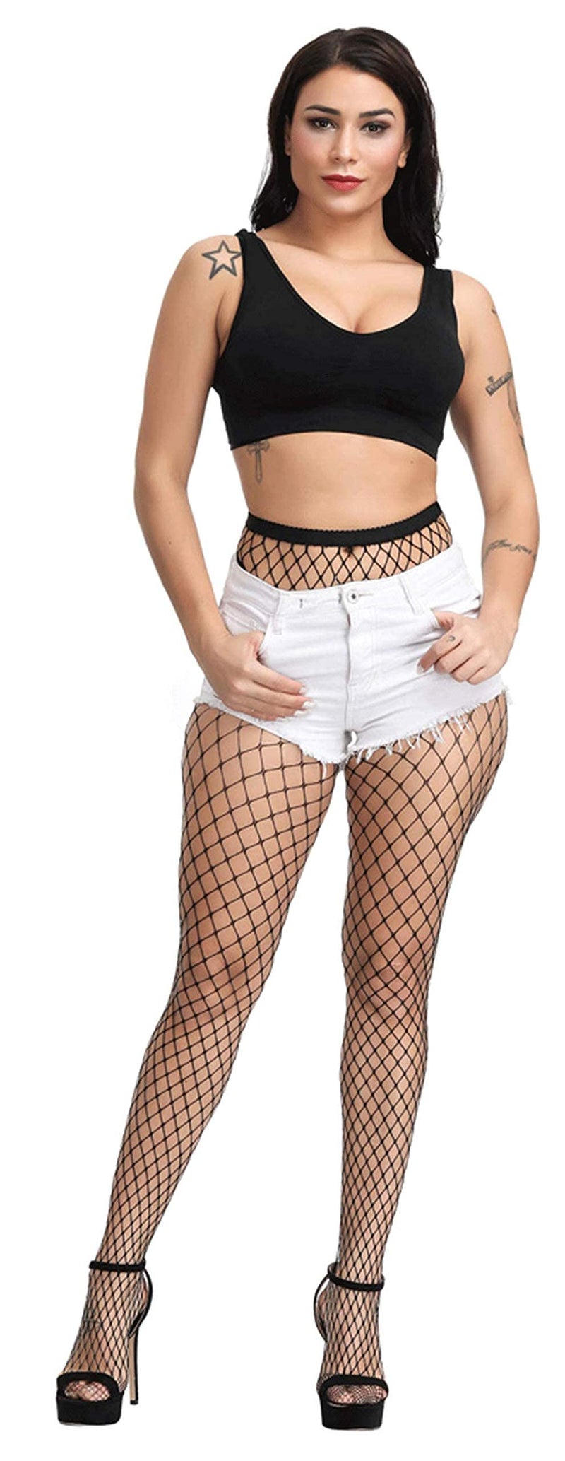 Pareberry Women's High Waisted Fishnet Tights Sexy Wide Mesh Fishnet Stockings (Black(Middle Hole)) - Image 4