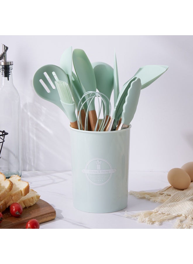 NeeMee Non-stick Cookware Storage Bucket with Wooden Handles, 12-Piece Silicone Kitchen Utensil Set, Silicone Cooking Utensil Spatula and Spoon Set - Image 1