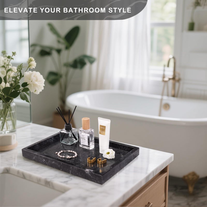 Homaura Marble Bathroom Tray for Countertop & Home Decor, Natural Decorative Marble Tray for Jewelry & Perfume Organizer, Luxury Stone Vanity Trays for Dresser, Kitchen Counter, 12" x 8", Gray Black - Image 4
