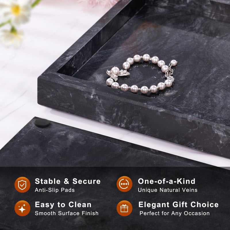 Homaura Marble Bathroom Tray for Countertop & Home Decor, Natural Decorative Marble Tray for Jewelry & Perfume Organizer, Luxury Stone Vanity Trays for Dresser, Kitchen Counter, 12" x 8", Gray Black - Image 2