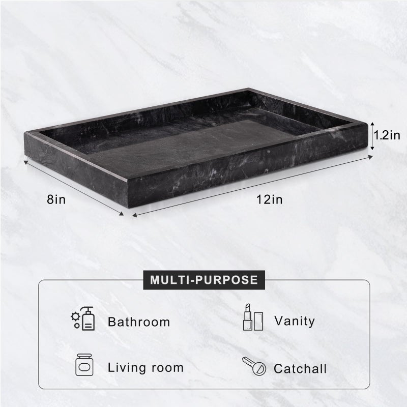 Homaura Marble Bathroom Tray for Countertop & Home Decor, Natural Decorative Marble Tray for Jewelry & Perfume Organizer, Luxury Stone Vanity Trays for Dresser, Kitchen Counter, 12" x 8", Gray Black - Image 3