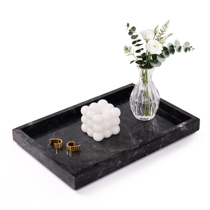 Homaura Marble Bathroom Tray for Countertop & Home Decor, Natural Decorative Marble Tray for Jewelry & Perfume Organizer, Luxury Stone Vanity Trays for Dresser, Kitchen Counter, 12" x 8", Gray Black - Image 1
