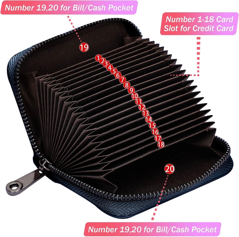 Linno RFID 20 Slots Credit Card Holder Genuine Leather Small Wallet for Women or Men with Zipper - Image 2