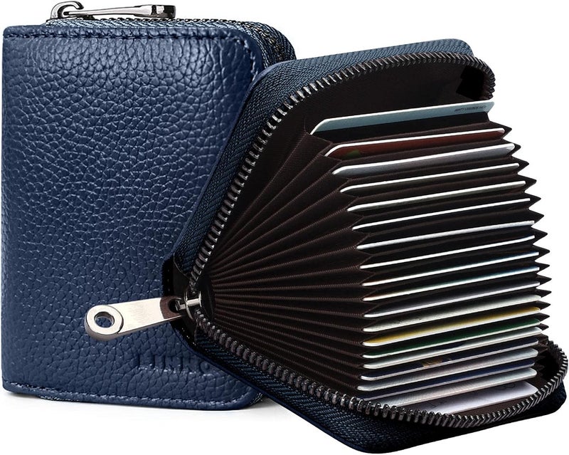 Linno RFID 20 Slots Credit Card Holder Genuine Leather Small Wallet for Women or Men with Zipper - Image 1