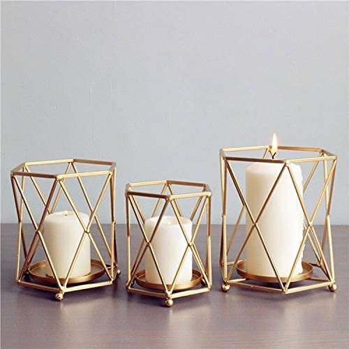 Quace Set of 3 Nordic Style Candle Holder Gold Geometric Metal Iron Art Candle Base… - Image 1