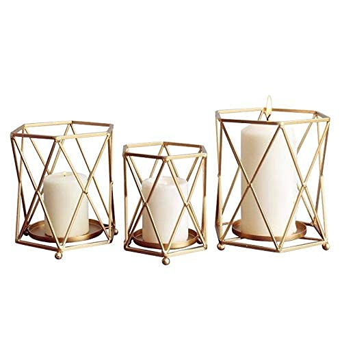 Quace Set of 3 Nordic Style Candle Holder Gold Geometric Metal Iron Art Candle Base… - Image 2