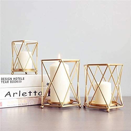 Quace Set of 3 Nordic Style Candle Holder Gold Geometric Metal Iron Art Candle Base… - Image 3