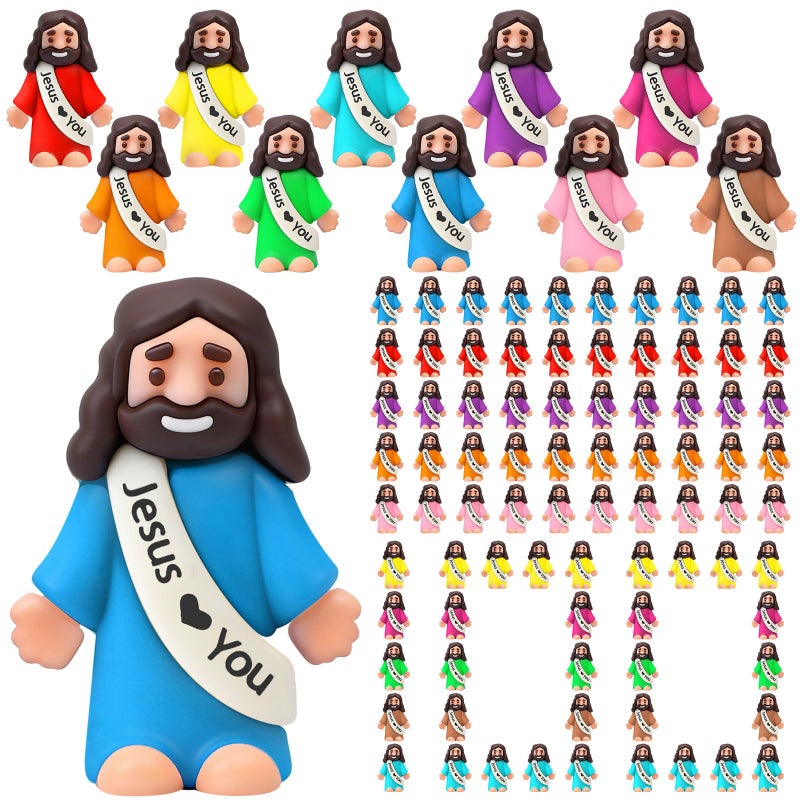 Bememo 100 Pcs Little Jesus Figures Original Design Jesus Loves You Rubber Toy Hide and Seek Religious Party Gift Sunday School Baptism Gift Colorful - Image 3