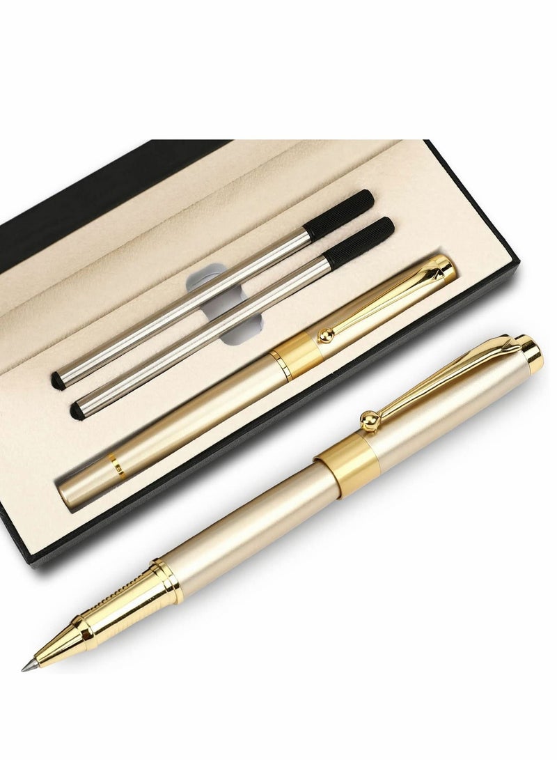 SYOSI قلم حبر جاف احترافي أسود مع حافة كروم فاخرة، رأس خطي 0.5 مم يأتي مع قطعتين من حبر إعادة التعبئة، أقلام حبر جاف لطيفة في صندوق هدايا أنيق للطلاب والمديرين التنفيذيين والمكتب (ذهبي) - Image 1