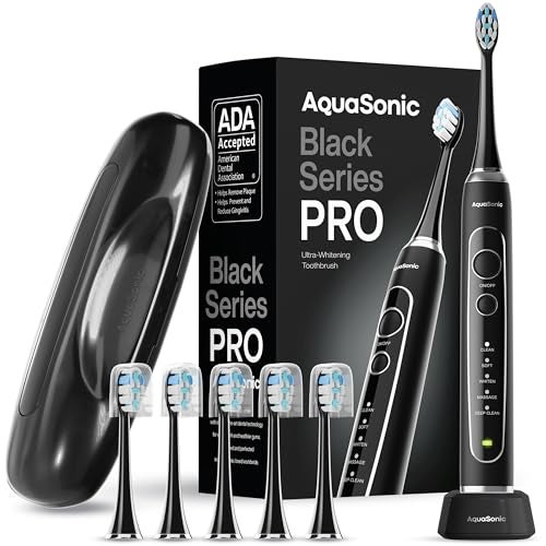 Aquasonic Black Series PRO – Ultra-Whitening Electric Toothbrush – 5 Modes & Smart Timers – Premium Travel Case & 6 Proflex Brush Heads – ADA Accepted Toothbrush - Image 1