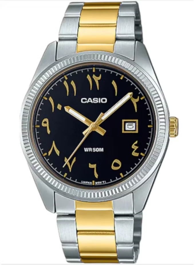 CASIO ساعة MTP-1302SG-1B3 ذات القرص العربي النادر - قرص أسود، ستانلس ستيل ثنائي اللون، تاريخ، مقاومة للماء حتى 50 م للرجال - Image 1