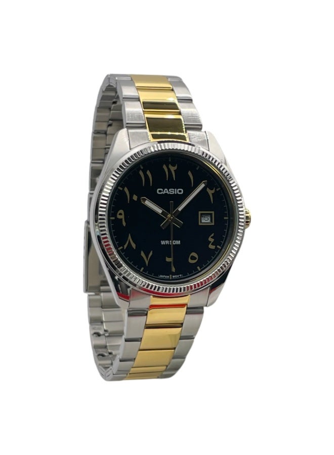 CASIO ساعة MTP-1302SG-1B3 ذات القرص العربي النادر - قرص أسود، ستانلس ستيل ثنائي اللون، تاريخ، مقاومة للماء حتى 50 م للرجال - Image 4