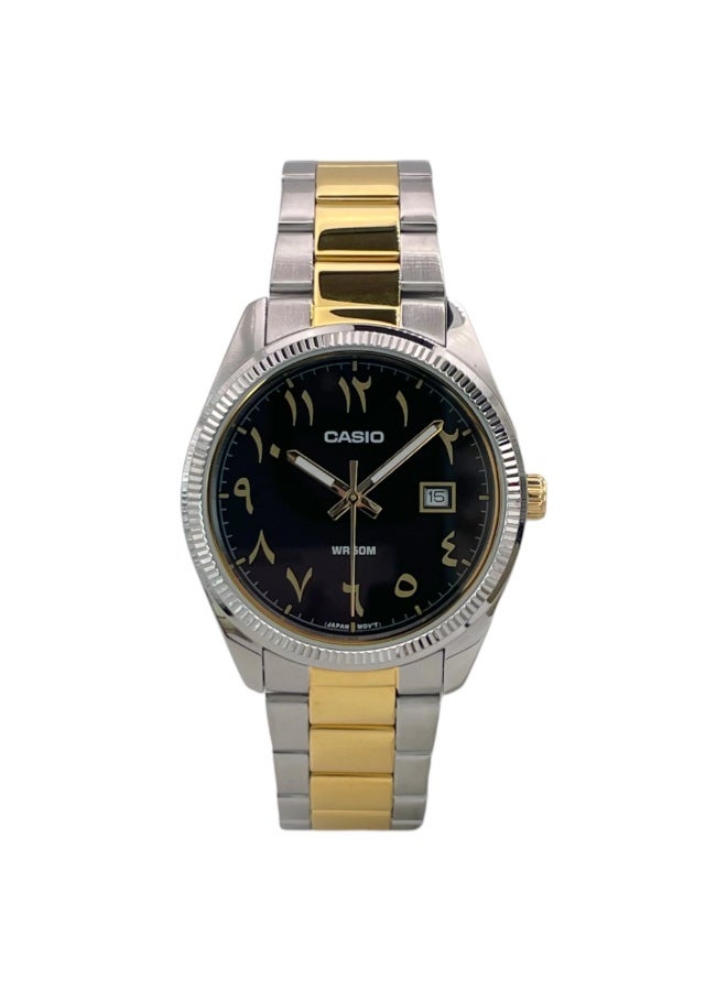 CASIO ساعة MTP-1302SG-1B3 ذات القرص العربي النادر - قرص أسود، ستانلس ستيل ثنائي اللون، تاريخ، مقاومة للماء حتى 50 م للرجال - Image 2