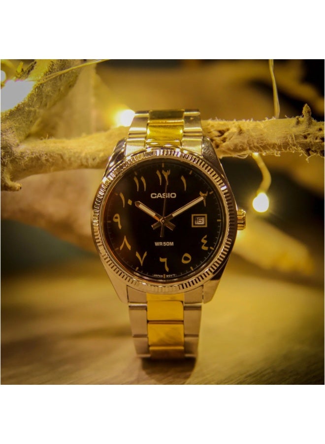 CASIO ساعة MTP-1302SG-1B3 ذات القرص العربي النادر - قرص أسود، ستانلس ستيل ثنائي اللون، تاريخ، مقاومة للماء حتى 50 م للرجال - Image 3