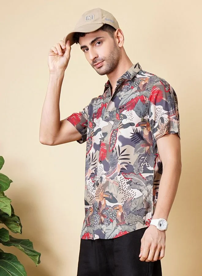 The Indian Garage Co Men Slim Fit Fauna Printed Half Sleeves Spread Collar Resort Wear Shirt