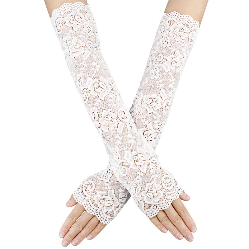 Yolev Women's Long Floral Lace Fingerless Gloves - Elbow Length Arm Sleeves for Tea Party (White) - Image 1