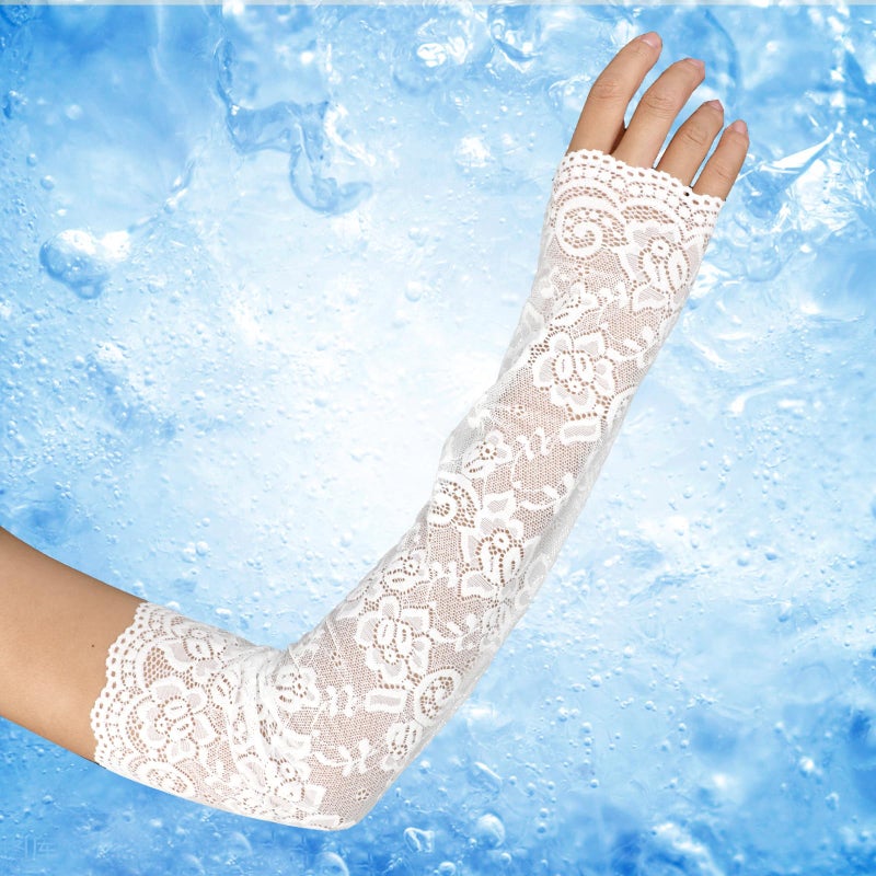 Yolev Women's Long Floral Lace Fingerless Gloves - Elbow Length Arm Sleeves for Tea Party (White) - Image 3