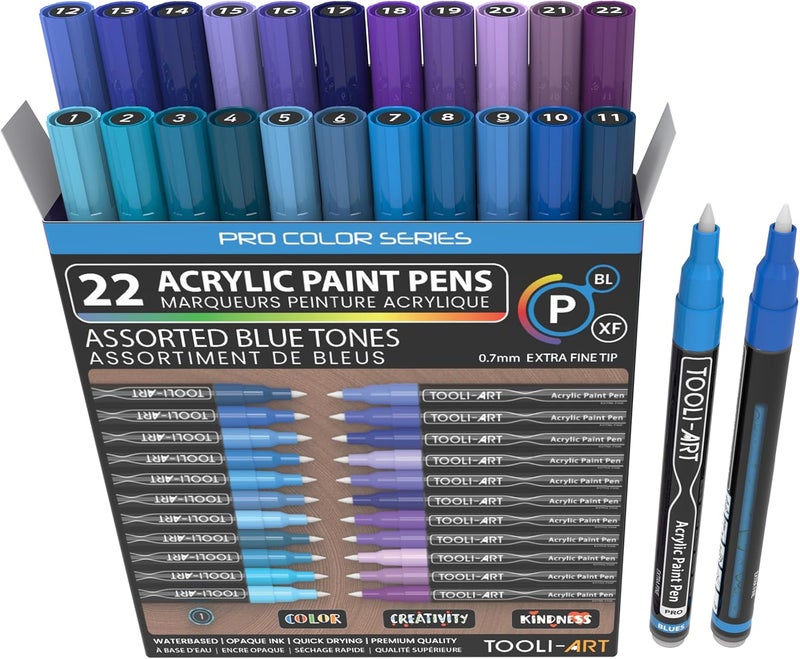 TOOLI-ART Acrylic Paint Pens Blue & Purple Tones 22 Assorted Pro Color Series Markers Set 0.7mm Extra Fine Tip for Rock Painting, Glass, Mugs, Wood, Metal, Canvas, Projects, Non Toxic, Waterbased, Quick Drying - Image 1
