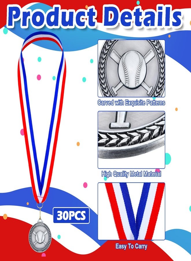 Remuuly 30 Pcs Silver Medals Bulk 2'' Basketball Soccer Volleyball Hockey Medals for Awards Metal Trophy with Neck Ribbons for Sports Participation Winner Tournaments Gift(Baseball) - Image 3
