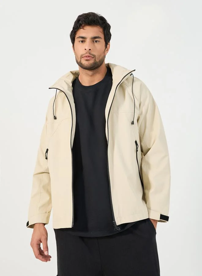 Styli Solid Windbreaker Hooded Jacket with Zip Detail