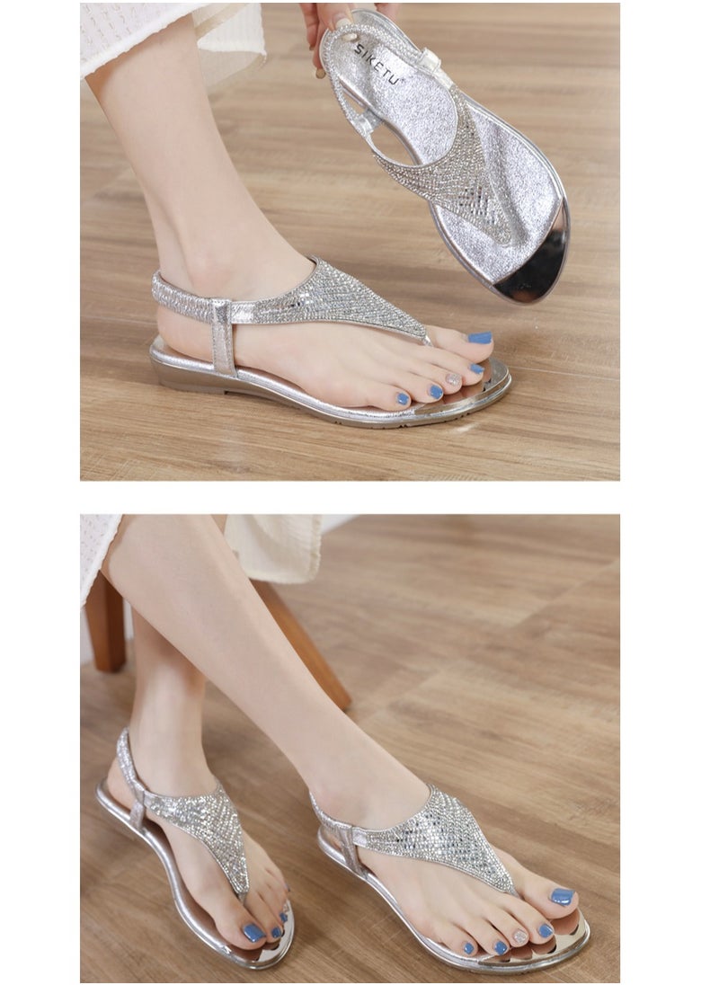 SIKETU Fashion Women Flat Bottom Rhinestone Comfortable Beach Sandals Slippers Silver  - Image 2