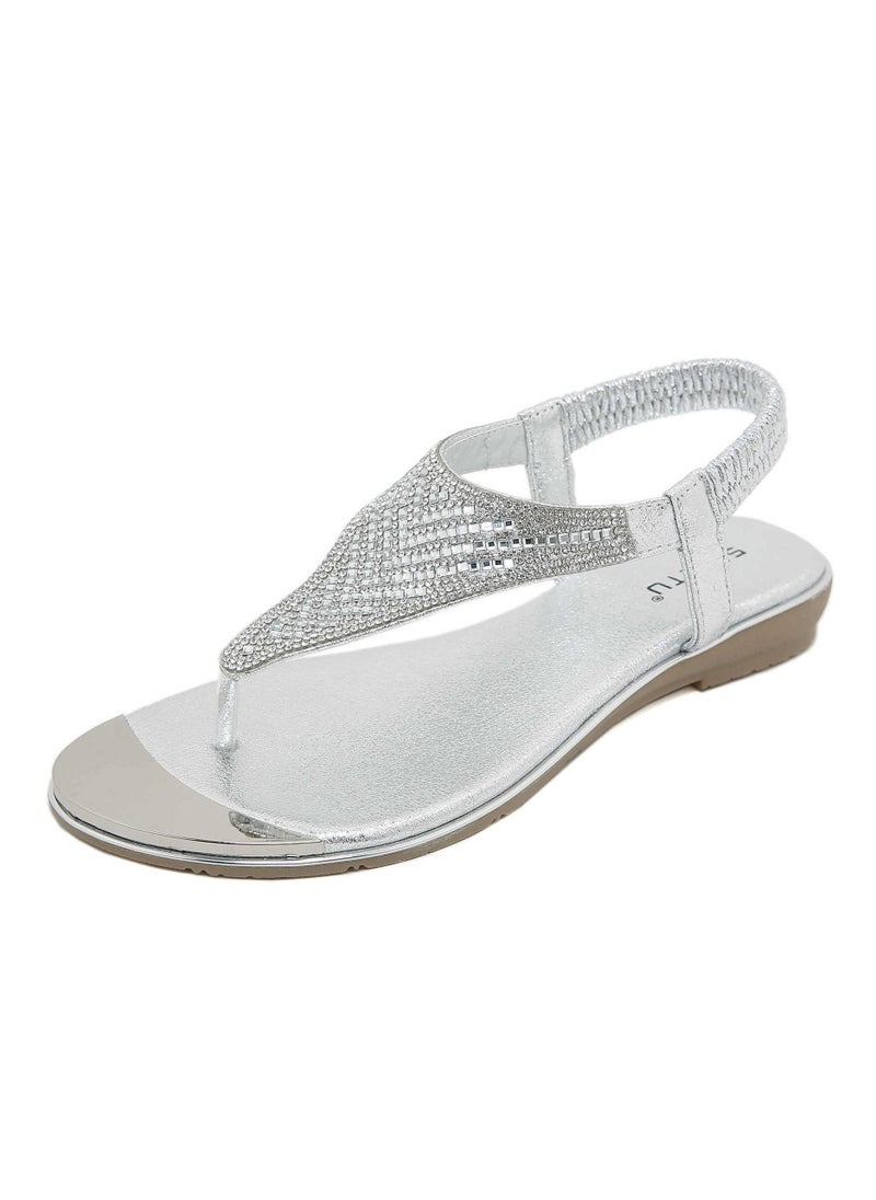SIKETU Fashion Women Flat Bottom Rhinestone Comfortable Beach Sandals Slippers Silver  - Image 1