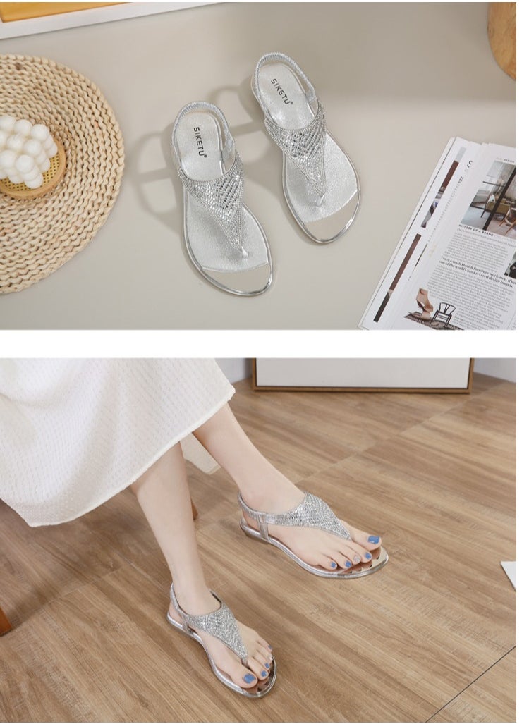 SIKETU Fashion Women Flat Bottom Rhinestone Comfortable Beach Sandals Slippers Silver  - Image 3