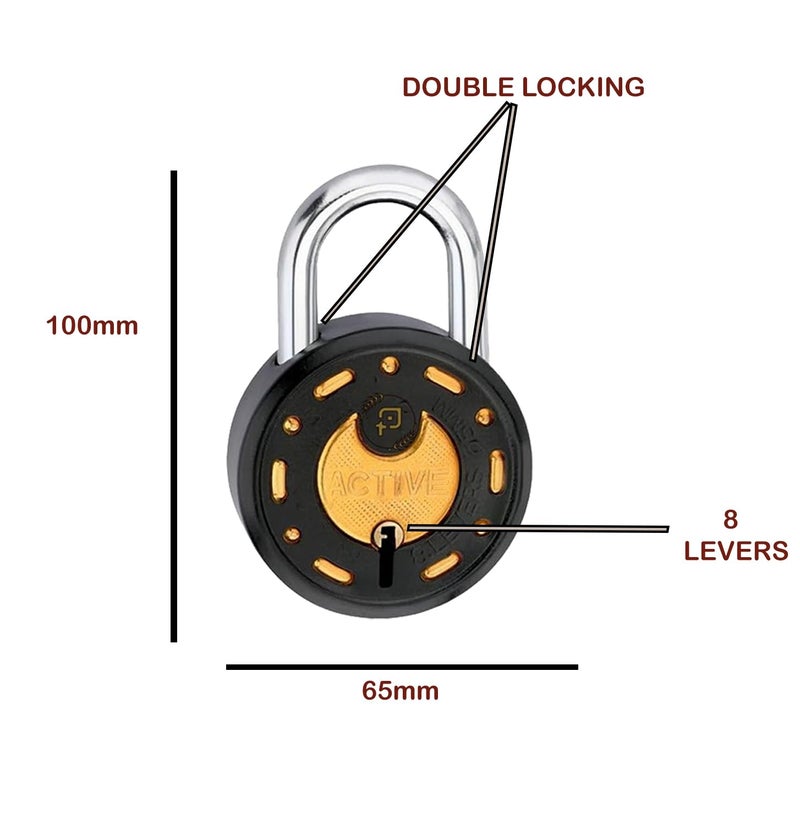 ONEPRO Azco Locks 65mm 6 Same Keys with 2 Padlocks | 8 Levers Double Locking | Lock and Keys for Home Door Shop Main Gate Office Locker, Black Gold Finish (Pack of 2) - Image 2