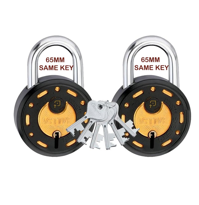 ONEPRO Azco Locks 65mm 6 Same Keys with 2 Padlocks | 8 Levers Double Locking | Lock and Keys for Home Door Shop Main Gate Office Locker, Black Gold Finish (Pack of 2) - Image 1