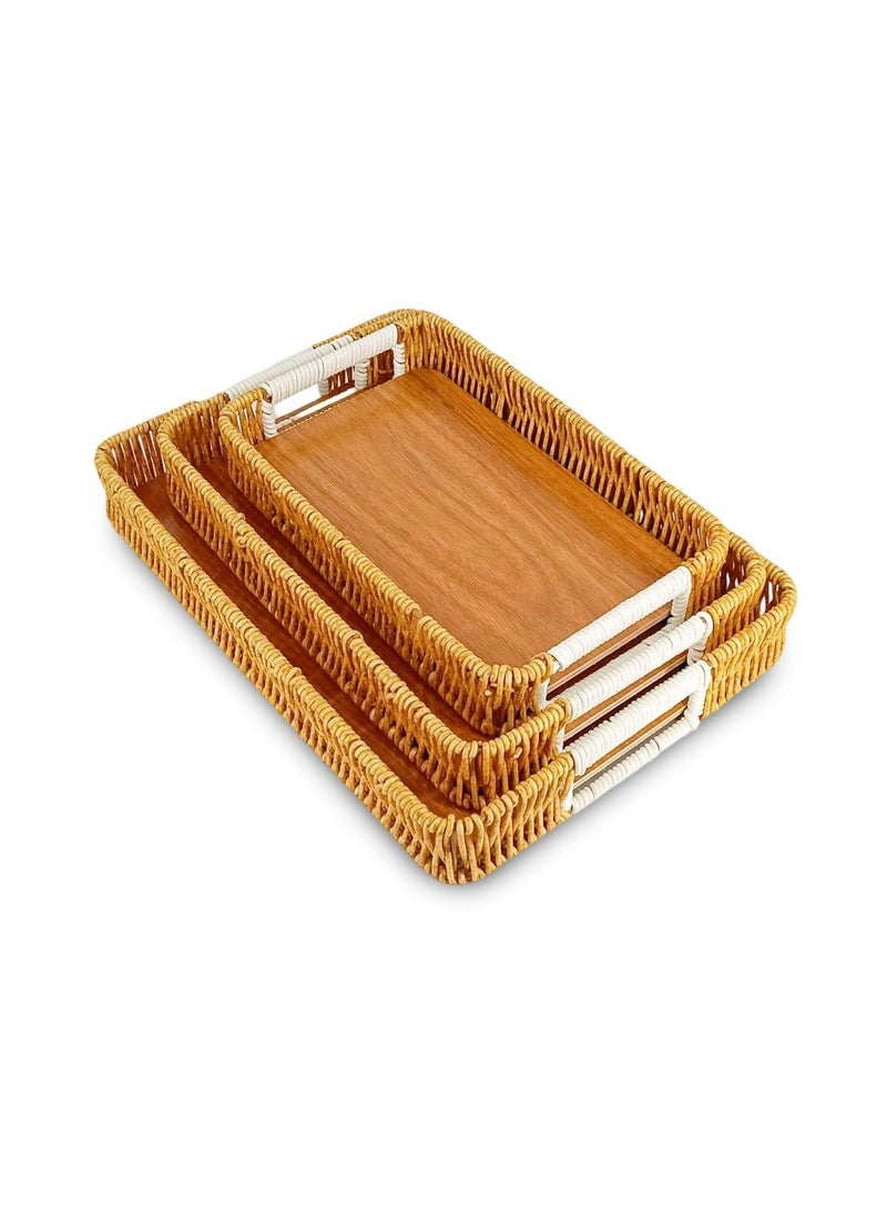 مجموعة من 3 صواني تقديم مزخرفة من الخيزران الطبيعي - 357 - Image 1