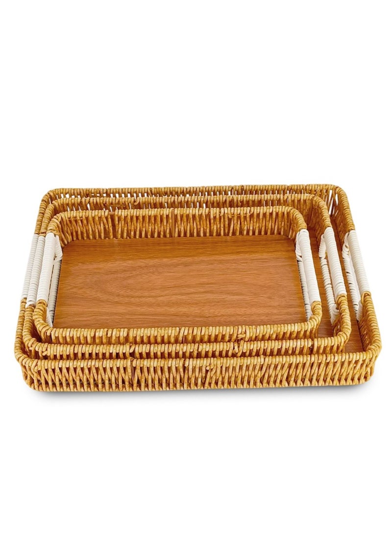 مجموعة من 3 صواني تقديم مزخرفة من الخيزران الطبيعي - 357 - Image 2