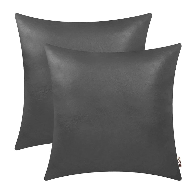 BRAWARM Faux Leather Throw Pillow Covers 18 X 18 Inches Charcoal Gray Leather Pilow Covers Pack of 2 Solid Dyed Leather Pillowcases for Couch Bed Sofa Garden Home Decorative