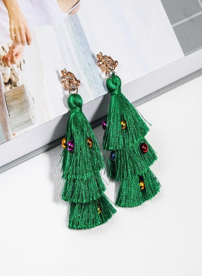 أقراط خفيفة الوزن بمشبك مزينة بشرابة شجرة عيد الميلاد وخرز، أقراط متدلية بوهيمية متعددة الطبقات باللون الأخضر بدون ثقب، أقراط رأس السنة الجديدة مزينة بخرز ملون، مجوهرات حفلات تنكرية للنساء، هدية - جرس ندفة الثلج - Image 2