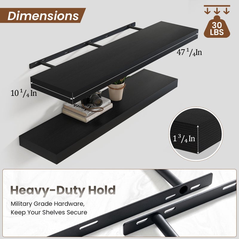 Heimlove Floating Shelves for Wall 48 Inch Long,Extra Large and Thick Wood Shelves Mounted Storage Hanging Shelf Invisible Bracket for Bedroom,Living Room,Kitchen,Office,Black - Image 2