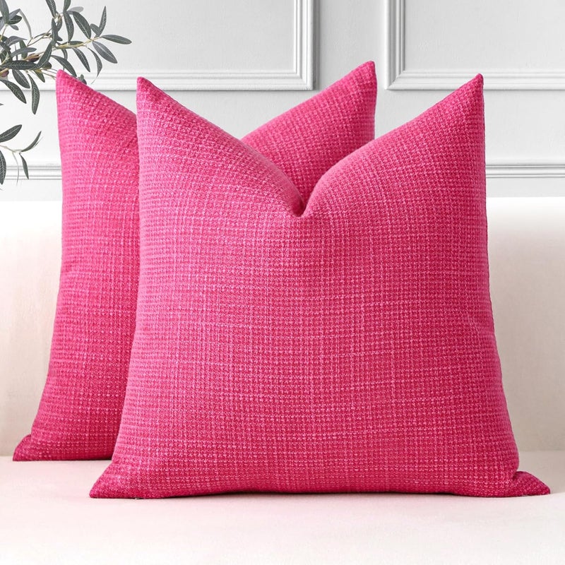 Otostar Pack of 2 Throw Pillow Covers 24x24 Inch Linen Hot Pink Pillowcases Farmhouse Decorative Solid Pillow Covers 60x60 cm Square Cushion Case for Home Decor Sofa Couch Bed (Deep Hot Pink) - Image 1