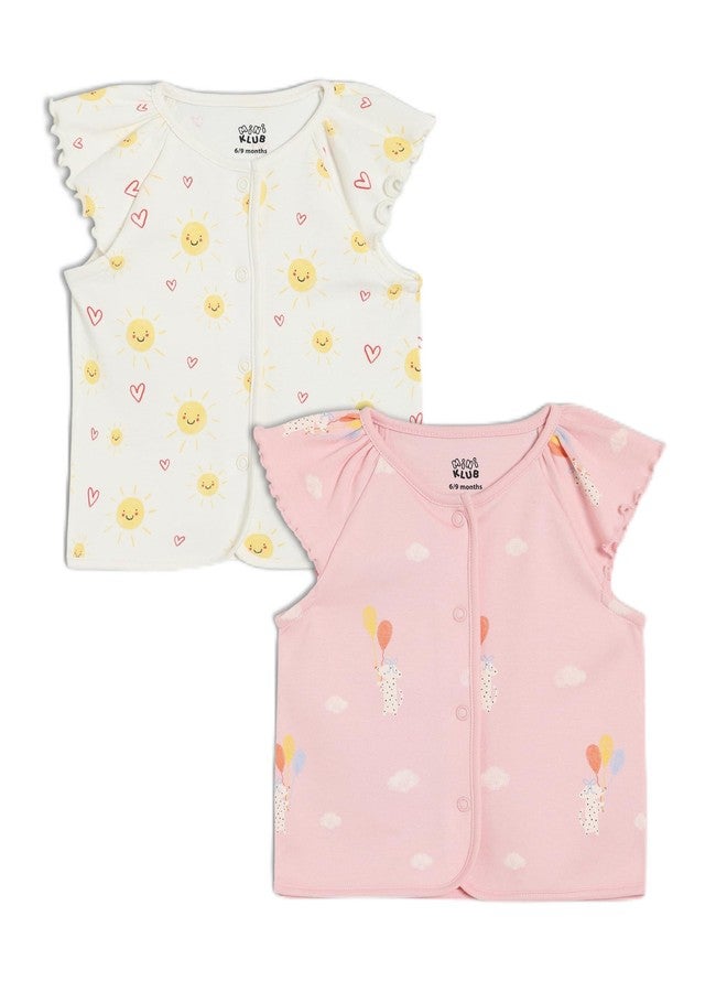 miniklub Cotton Pack of 2 Half Sleeves Sun & Animal Printed Front Open Vests - (6-9M) Pink/White - Image 1