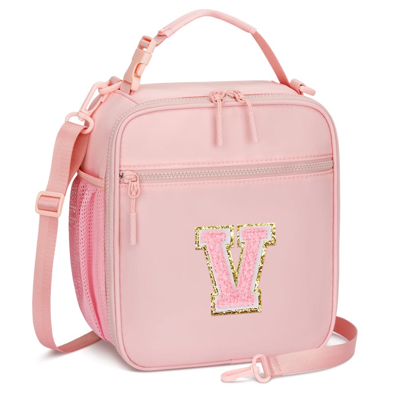CLOUDWINGS Initial Insulated Lunch Bag for Girls Kids Back to School Gift Reusable Leakproof Lunch Box with Adjustable Strap for School Daycare Travel Picnic PinkV