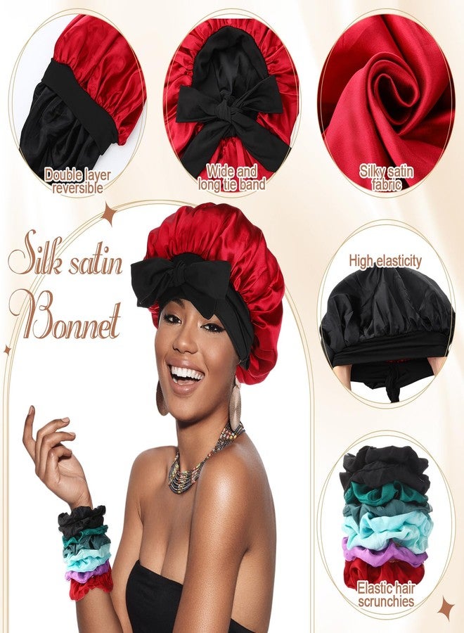 JaGely 4 Pcs Satin Bonnet for Women Tie Hair Bonnet for Sleeping Large 2 Layered Silk Cap With 8 Pcs Hair Scrunchies Double Layer Satin Bonnets (Dark Color) - Image 4