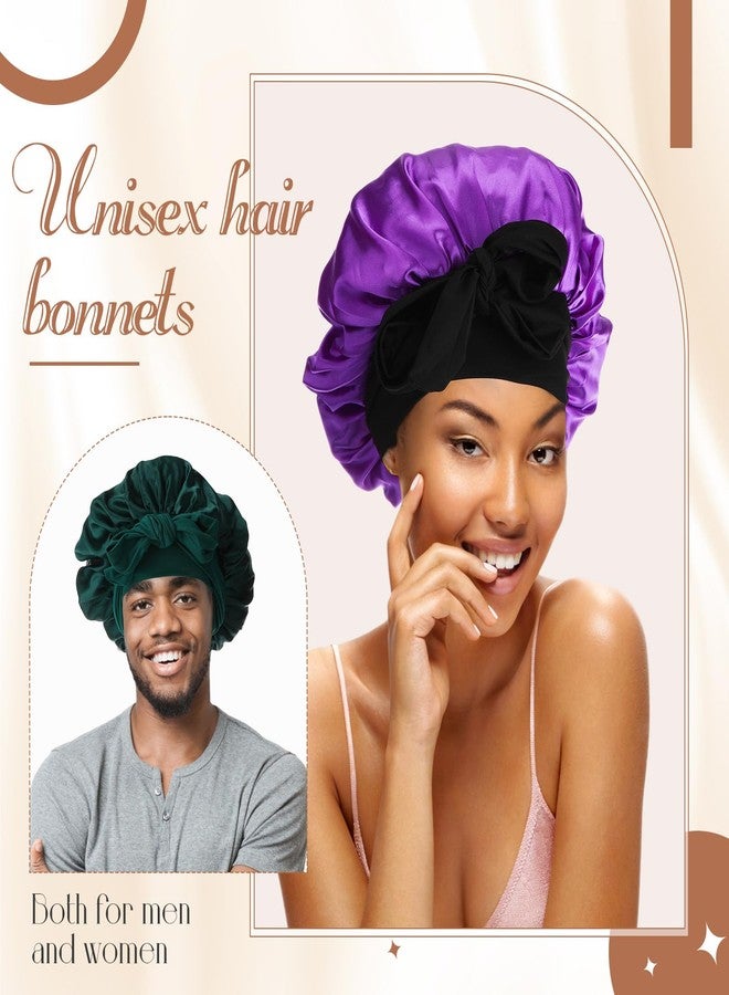 JaGely 4 Pcs Satin Bonnet for Women Tie Hair Bonnet for Sleeping Large 2 Layered Silk Cap With 8 Pcs Hair Scrunchies Double Layer Satin Bonnets (Dark Color) - Image 3