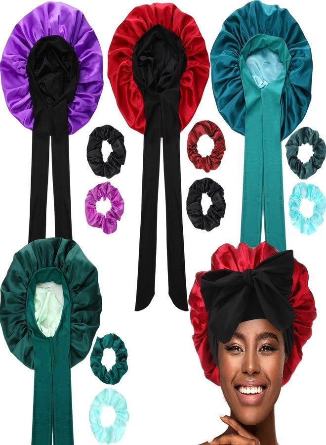 JaGely 4 Pcs Satin Bonnet for Women Tie Hair Bonnet for Sleeping Large 2 Layered Silk Cap With 8 Pcs Hair Scrunchies Double Layer Satin Bonnets (Dark Color) - Image 1
