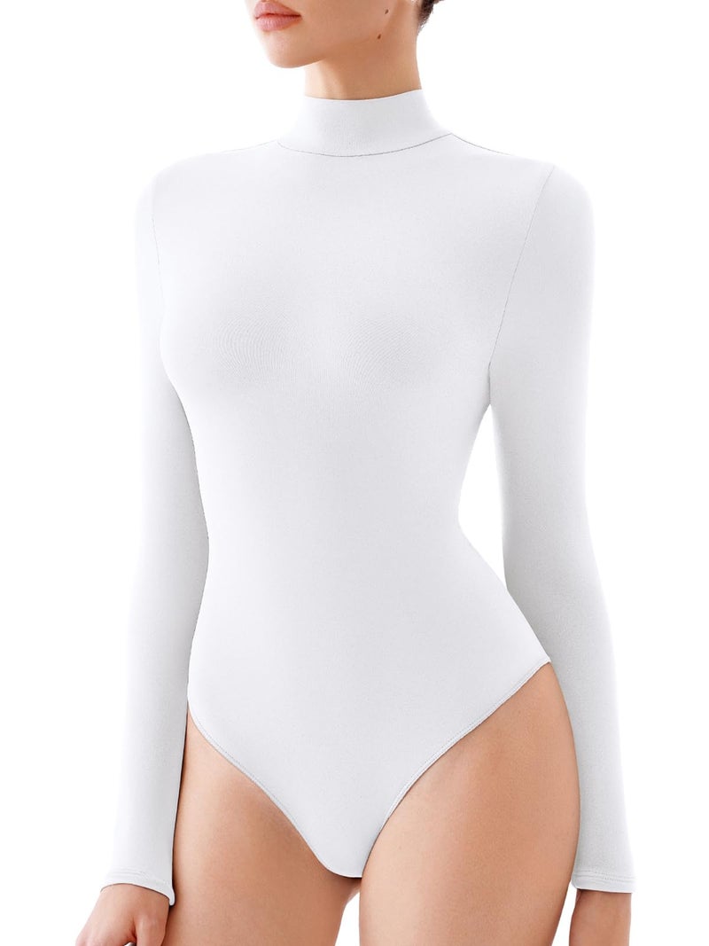 REORIA Women's Long Sleeve Bodysuits Mock Turtleneck Slim Tight Double Lined Basic Layering Body Suits Tops Fall Winter Outfits 2025(White Large) - Image 1