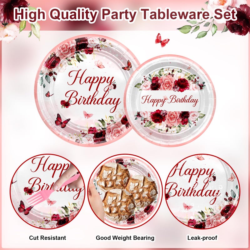 Avezano 168 PCS Burgundy Birthday Party Decorations Rose Gold Floral Birthday Tableware Set Floral Plates Napkins Supplies for Women Girls, Serves 24 - Image 3